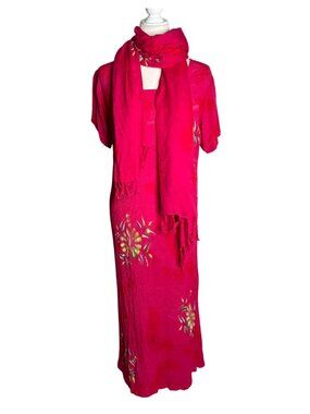 Vintage 90s Tropical Batik Floral Dress Scarf Set One Size Pink Hand Painted